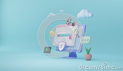 3D digital Screen, Search concept, Idea icons, Video player, Chat and Security system computer. 3d rendering illustration Cartoon Illustration