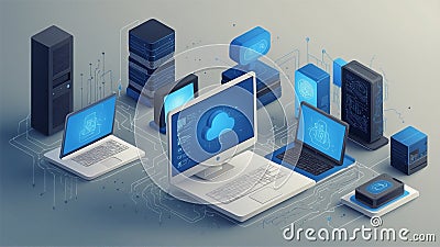 3D digital technology concept with laptop, tablet, smartphone, computer, tablet, and cloud computing icons. generative ai Stock Photo