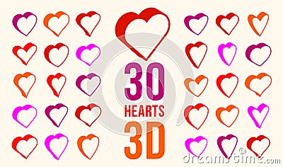 3D dimensional hearts vector icons or logos set, gift boxes on Valentine day, heart shaped buttons, graphic design elements Vector Illustration