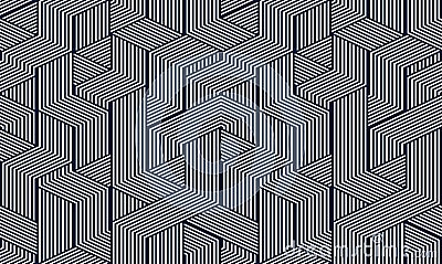 3D dimensional lined cubes seamless pattern, geometric endless texture with lines and boxes, architecture theme, black and white Vector Illustration