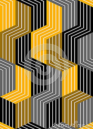 3D dimensional lined cubes seamless pattern, geometric endless texture with lines and boxes, architecture theme, black and yellow Vector Illustration