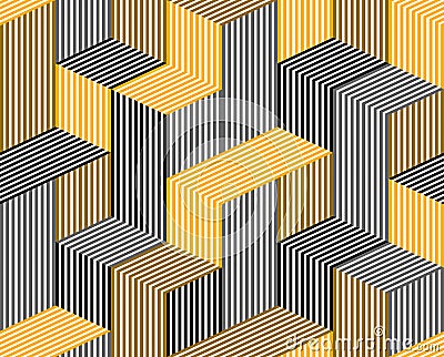 3D dimensional lined cubes seamless pattern, geometric endless texture with lines and boxes, architecture theme, black and yellow Vector Illustration