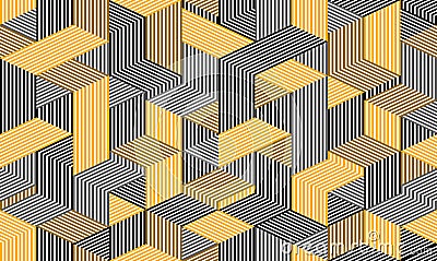 3D dimensional lined cubes seamless pattern, geometric endless texture with lines and boxes, architecture theme, black and yellow Vector Illustration