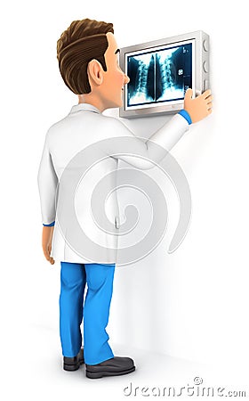 3d doctor examining x-ray on wall Cartoon Illustration