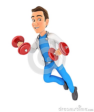 3d doctor flying with two dumbbells Cartoon Illustration