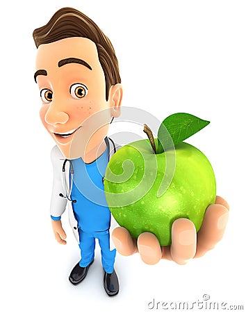 3d doctor holding green apple Cartoon Illustration