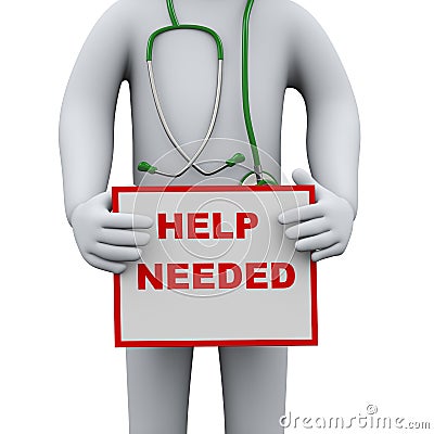 3d doctor holding help needed sign board Cartoon Illustration