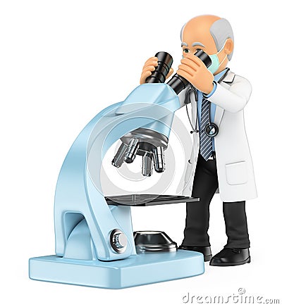 3D Doctor looking through a microscope. Investigator Cartoon Illustration