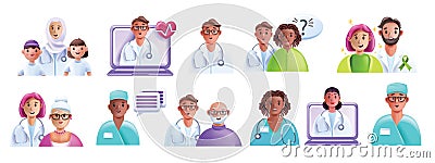 3D doctor patient icon set, medical vector clinic cartoon character, professional diverse team. Vector Illustration