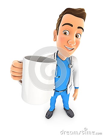 3d doctor standing with cup Cartoon Illustration