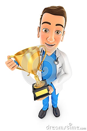 3d doctor standing with gold trophy cup Cartoon Illustration