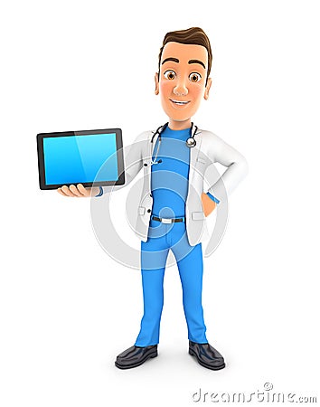 3d doctor standing with a tablet Cartoon Illustration