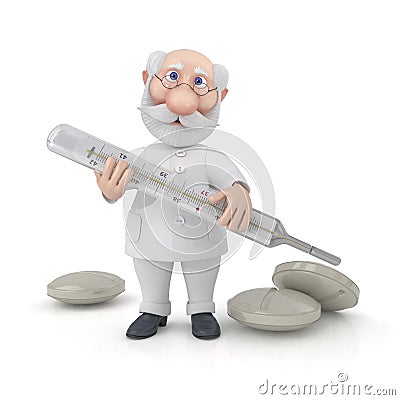 The 3D Doctor with tablets and a thermometer. Stock Photo