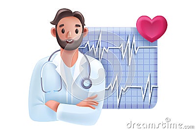 3D doctor, vector cardiologist healthcare consultation expert, cartoon male therapist, heart pulse. Vector Illustration