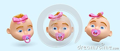 3D doll head with pink bow and pacifier. Eyes wide open. Icons of children theme Vector Illustration