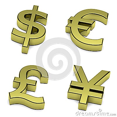 3D dollar, euro, pound sterling, yen, yuan currencies symbol set on white Cartoon Illustration