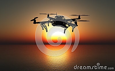 3D drone flying above a sunset sea Stock Photo