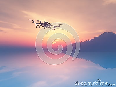 3D drone flying over a sunset ocean Stock Photo