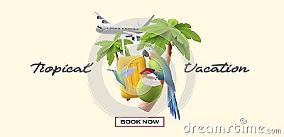 3d dynamic composition of tropical vacation banner in hipster style with 3d illustration of suitcase, airplane and Vector Illustration