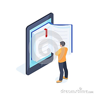3d e-book concept with reading man. Vector Illustration
