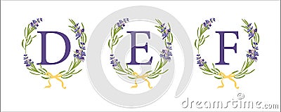 D E F letter. Set modern hand-drawn flat sketch illustrations. Lavender flower wreath with alphabet monogram. good idea Vector Illustration