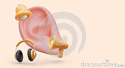 3D ear, headphones, bell, loudspeaker. Examination of hearing organs, audiometry Vector Illustration