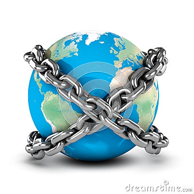3d Earth bound by chains Stock Photo