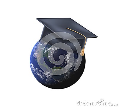 3d Earth Globe with graduation cap. Concept of global education, international student exchange program, studying abroad. 3d Cartoon Illustration
