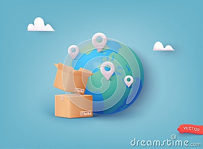 3D earth globe with pinpoints online deliver service, pin location point marker. Carton delivery packaging with fragile signs. 3D Vector Illustration