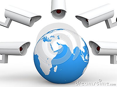 3d earth globe with surveillance cameras Stock Photo