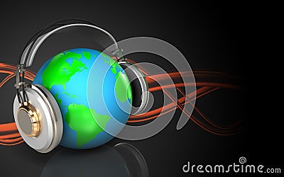 3d earth in headphones earth in headphones Cartoon Illustration