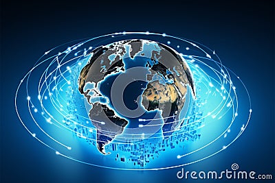 3D Earth model encircled by satellite ring in detailed global map Stock Photo