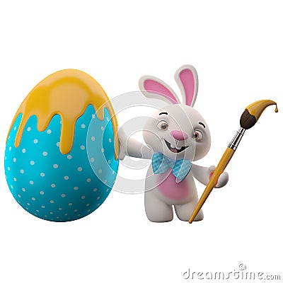 3D easter bunny, merry cartoon rabbit, animal character with easter color egg Stock Photo