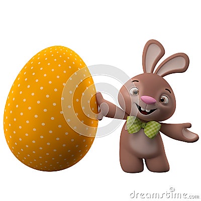 3D easter bunny, merry cartoon rabbit, animal character with easter color egg Stock Photo