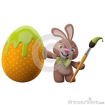 3D easter bunny, merry cartoon rabbit, animal character with easter color egg Stock Photo