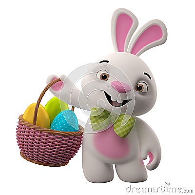 3D easter bunny, merry cartoon rabbit, animal character with easter eggs in wicker basket Stock Photo