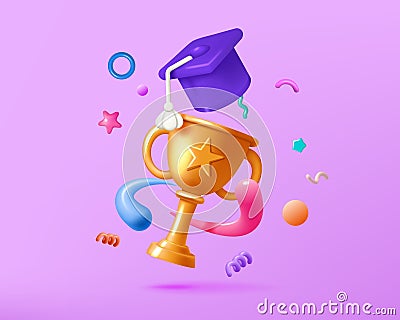 3D education. School study graduate. Student with bachelor cap or award. Graduation hat. Render gold goblet. Academic Vector Illustration