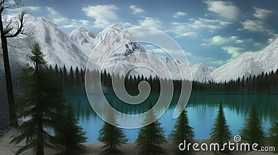 3d effect - high mountains snow lake forest Stock Photo