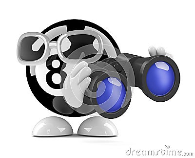 3d Eight ball looks through binoculars Stock Photo