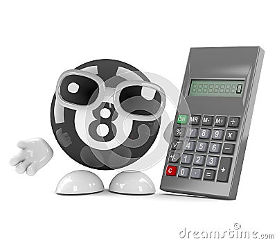 3d Eight ball uses a calculator Stock Photo