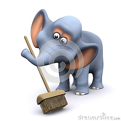 3d Elephant sweeping with a broom Stock Photo
