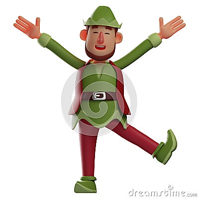 3D Elf Cartoon Character standing cross-legged with a big smile Stock Photo