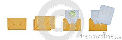 3D email icon set, mail open closed envelope digital document render, success check mark. Stock Photo