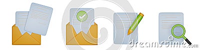 3D email icon set, mail open envelope digital document render, verification success check mark. Stock Photo