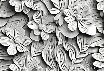 3D embossed floral pattern. Textured beautiful flower embossed background. . Art. Surface leaves, flowers. 3D line art flowers Stock Photo