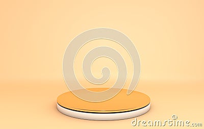 3D endering background, pastel colored studio with geometric shape golden and white cylinder podium, metallic platform for Stock Photo