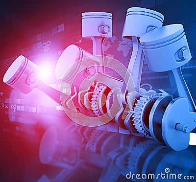 3d engine pistons and cog wheels Stock Photo