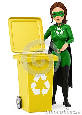 3D Woman superhero of recycling standing with a yellow bin for r Cartoon Illustration