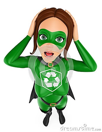 3D Woman superhero of recycling surprised with hands on her head Cartoon Illustration