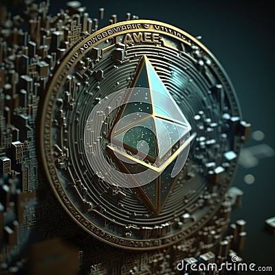 3D ethereum icon in circle on device for cryptocurrency mining block chain. Generative AI Editorial Stock Photo